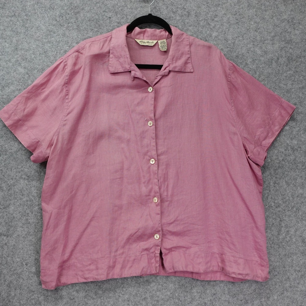 Vintage EDDIE BAUER Linen Shirt Womens XXL Pink Flax Lagenlook Camp Loop Collar